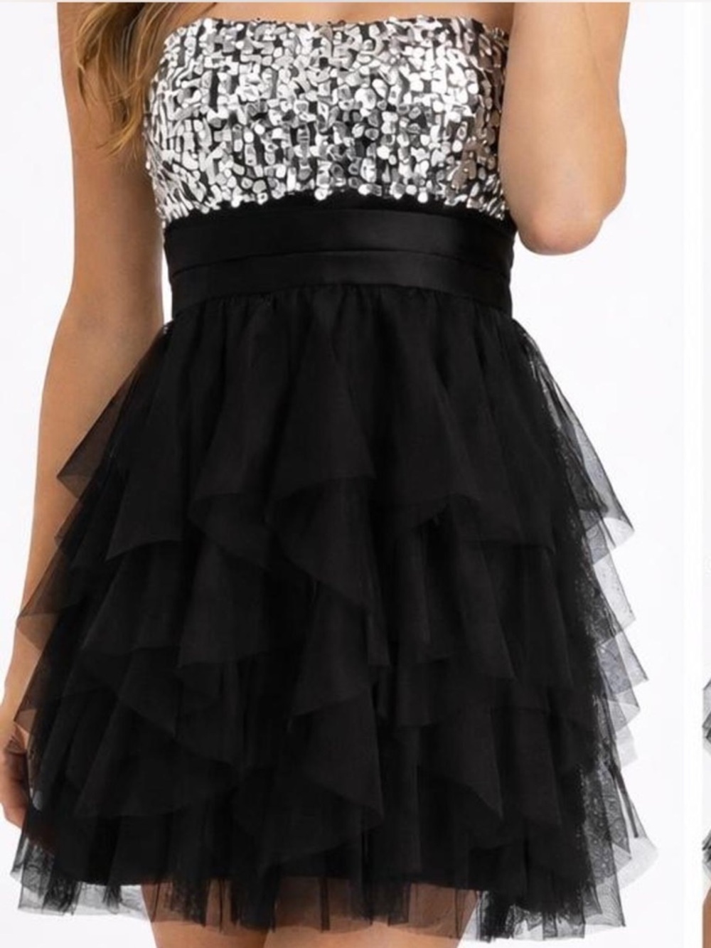 Deb Strapless Black Tulle Dress with Silver Sequined Bodice